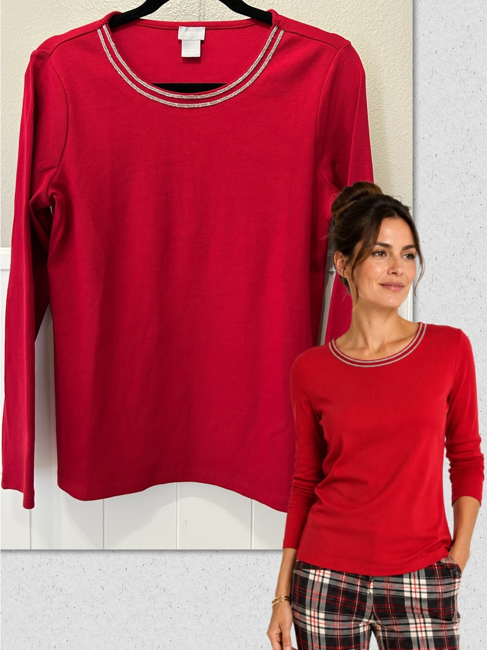 Chicos Cherry Red Silver Beaded Trim Long Sleeve Ribbed Knit Embellished Neck M